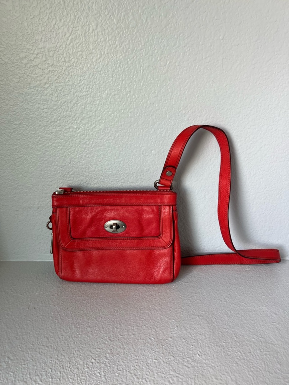 Fossil Orange Leather Turn-Lock Crossbody Bag